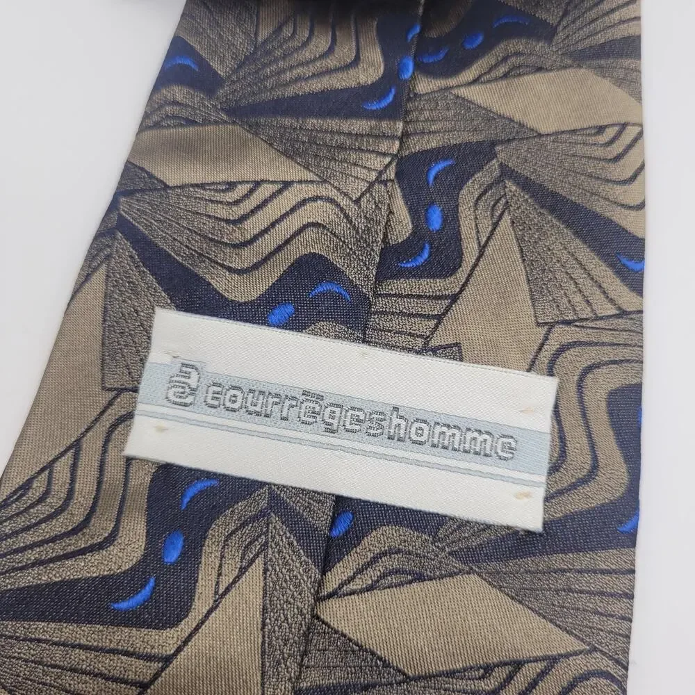 Vintage Courreges‎ Homme Tie Beige Blue Geometric Silk Designer Necktie Abstract